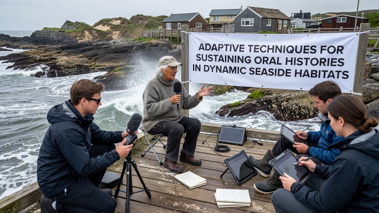 Archivists transferring oral history recordings to durable digital formats in a seaside community center