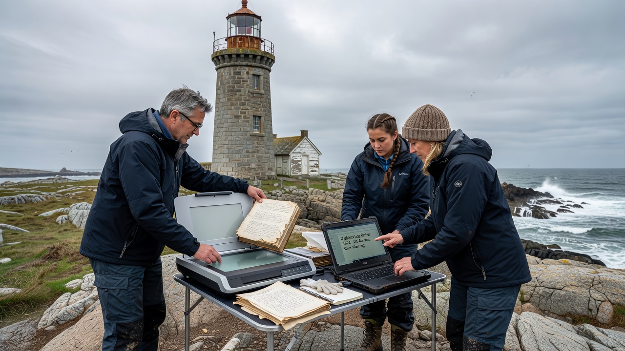 Digitization equipment and scanned pages from lighthouse logbooks laid out on a work table