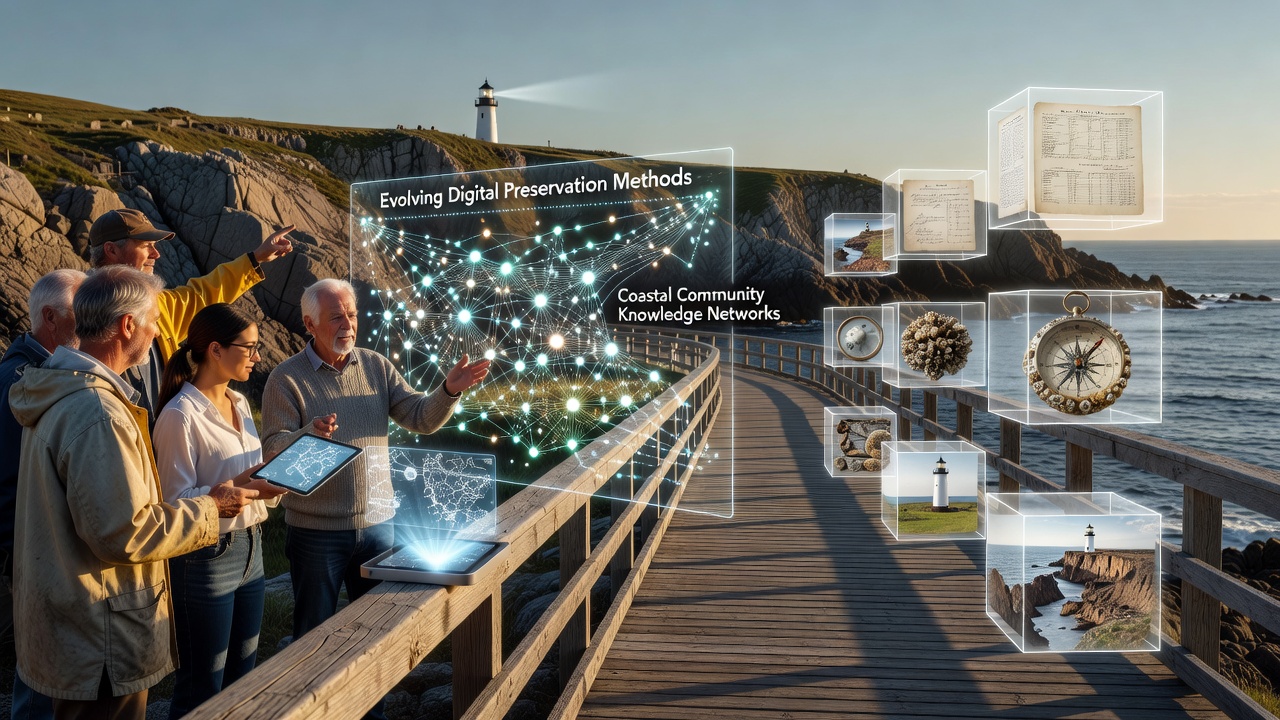 Digital archive interface displaying preserved coastal maps and community interviews on a rugged laptop in a field setting