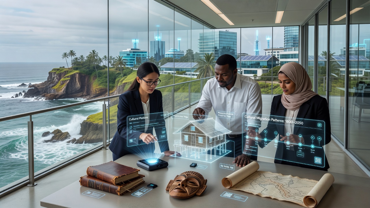 Community members collaborating on digitizing historical coastal maps and oral histories using modern scanning equipment in a shoreline archive room
